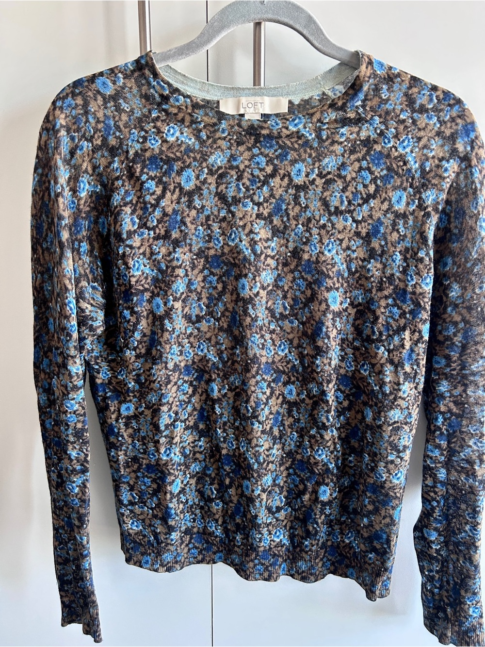 LOFT Blue and Brown Floral Scoopneck Sweater